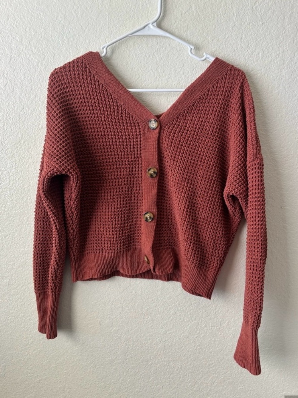 moon & madison Waffle-Knit Button-Back Cardigan - Rusty Rose